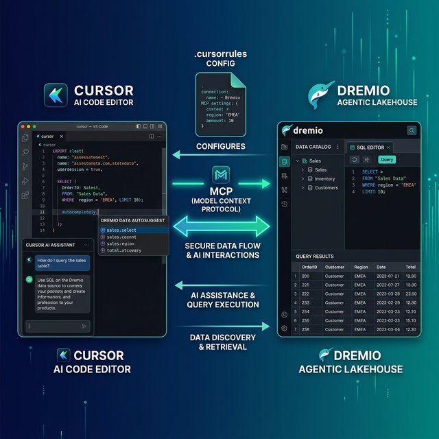 Cursor AI code editor connecting to Dremio Agentic Lakehouse via MCP